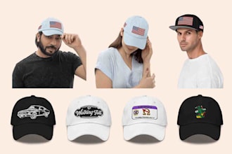 make leather, embroidered patch, digital, all over print caps designs