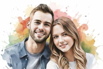 draw cute couple watercolor portrait illustration