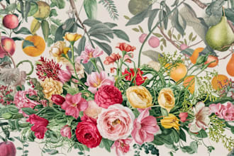 create a digital watercolor botanical illustration of flowers, fruits