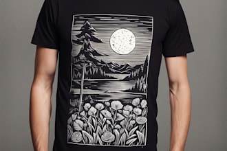 design a beautiful linocut t shirt in my art style