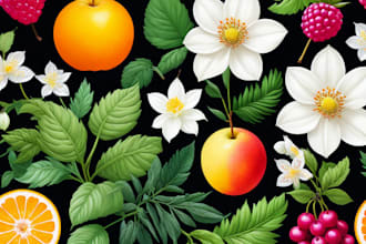 create botanical illustration of flowers, plants, and fruits