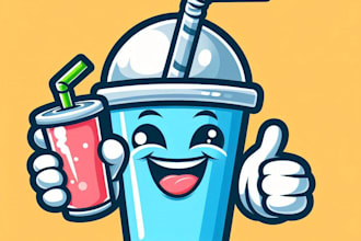 do happy cartoon character holding a drink mascot logo design service
