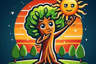 do amazine tree with sun mascot logo design service fir business page