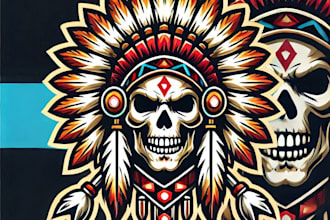 do awesome style tribal chief skul head mascot logo design in one day