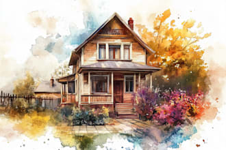 paint a watercolor house portrait or city space illustration
