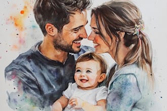 do watercolor family portrait wedding portrait baby portrait