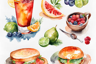 do watercolor food and drink illustration for your menu