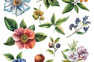 create digital botanical watercolor clipart of flowers, leaves, fruits, plants