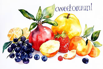 paint watercolor fruits, vegetables, berries in my own style