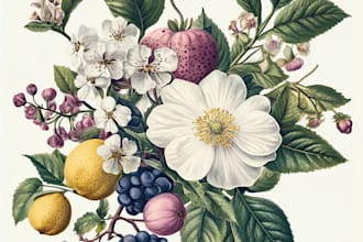 make a botanical illustration of flowers, plants, fruits
