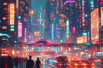 draw a illustration of futuristic cyberpunk city