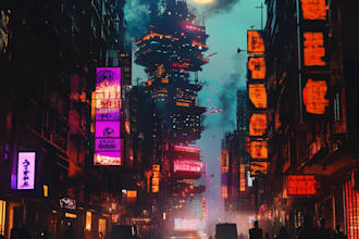 draw a futuristic and detail cyberpunk city illustration