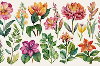 watercolor botanical illustrations of flowers and plants