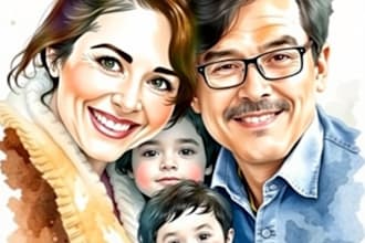 merge photos to watercolor family portrait illustration