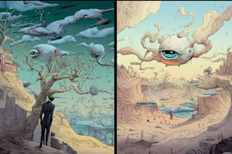 draw funky surreal illustration, album cover, book, poster