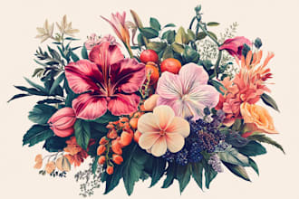 draw botanical illustrations of flowers, plants, fruits