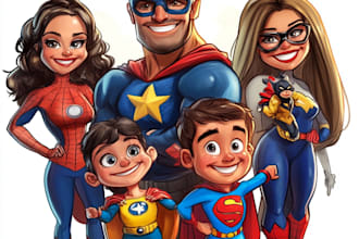 draw digital superhero cartoon caricature as family, group
