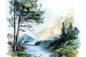 hand draw landscape sketch watercolor and ink