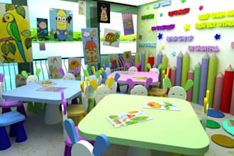 renovate 3d kids room, toddler room render, kids daycare, interior children room