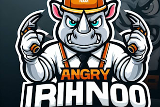 do awesome angry rhino construction worker mascot logo design