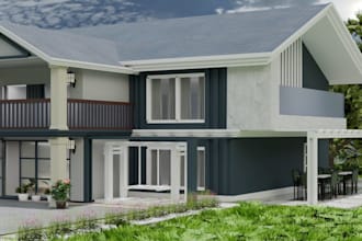 renew 3d manor building,facade brickhouse design,exterior villa,sky view,balcony