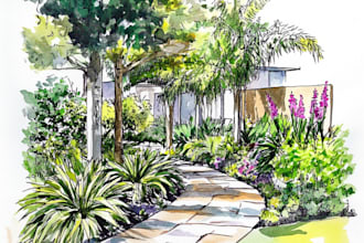 draw watercolor drawings of landscape designs or home gardens