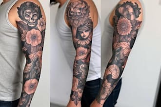 create realistic custom tattoo design, tattoo sleeve