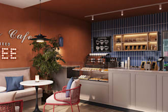 render supermarket grocery store, bakery, restaurant design, interior, bird eyes