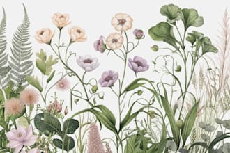 hand draw botanical illustration line art of plants, flowers