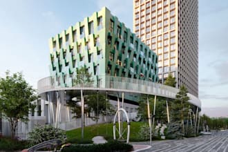 elevate 3d large building, modernist minimalist, open floor plan, concrete house