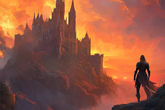 make an epic fantasy artwork with monsters, dragons, castles