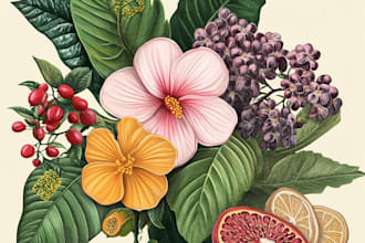 create botanical illustration of flowers, plants, and fruits in unique style