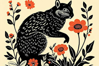 illustrate botanical and animal linocut vector illustration