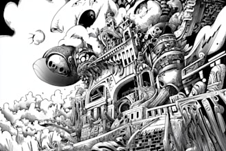 draw detailed black and white illustration