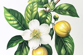draw botanical illustrations of flowers, plants and fruits