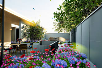renew 3d modern duplex, villa exterior facade, balcony, courtyard garden design