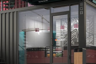 renders  3d shipping container homes, fastfood restaurant, retail shops design