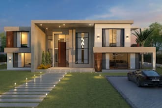 3d front elevation,outdoor footstep,garden lawn,entrance,driveway,house balcony