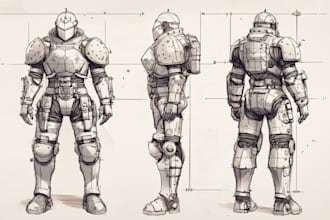 draw mecha helmet, weapon, armor concept