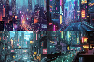 draw illustration of futuristic cyberpunk city for you