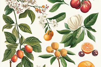 make botanical illustration of flowers, plants, line art