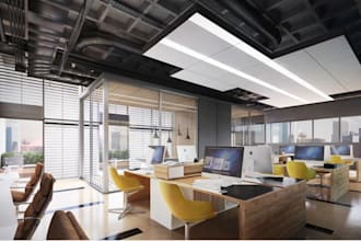 office interior, work space 3d design, realistic render, restaurant,bars,kitchen