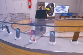 create a 3d design for a phone store, mobile shop, tech store, gadgets store