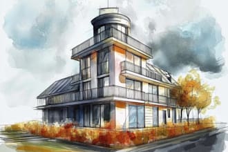 draw an architectural digital marker or watercolor sketches