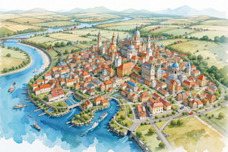 create a detailed watercolor map illustration of your city