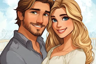 draw couple portrait in disney cartoon illustration for gift