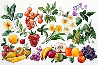 draw a cute cartoon of food, drink, fruit and vegetables