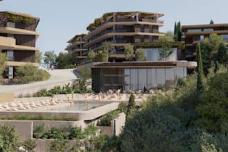 buildup exterior apartment balcony, resort summer,3d walkway,glazing hotel story