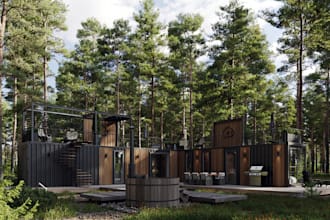 buildup container retreat design,garden patio,play area,forest model,corona, cgi