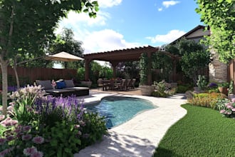 do backyard house front garden pool patio 2d realistic landscape